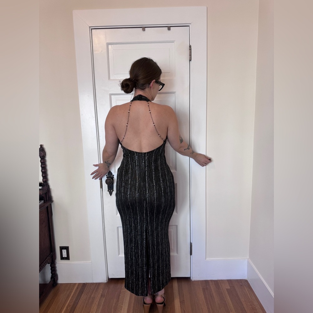 90s Vintage Fredricks of Hollywood Slinky Black Halter Dress w Beaded Chains - Picture 3 of 9